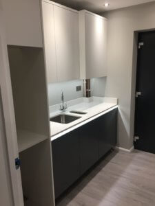 Matt white and slate kitchen fitted in Harpenden, Hertfordshire