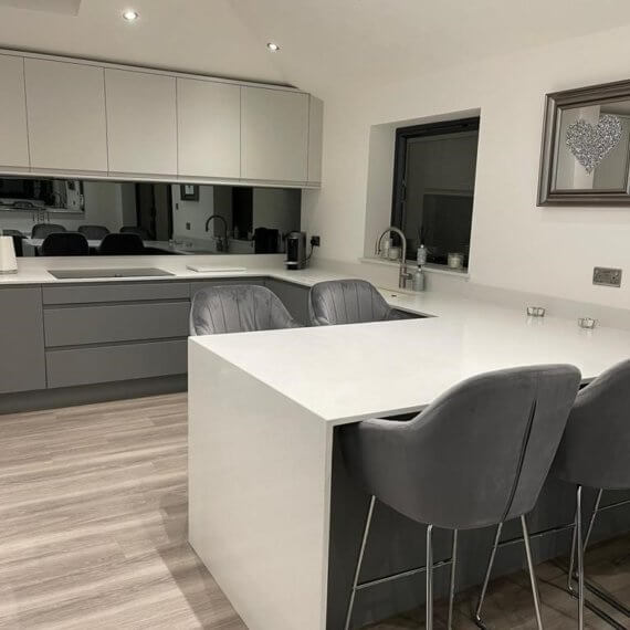 Light Grey and Dust Grey kitchen with quartz worktop downturn