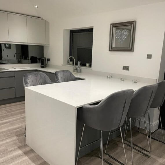 Light Grey and Dust Grey kitchen with quartz worktop downturn