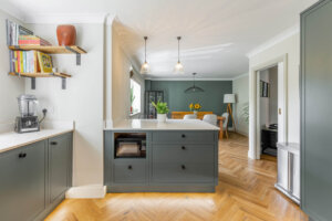 Heritage Green and Light Grey In-Frame Slab Kitchen