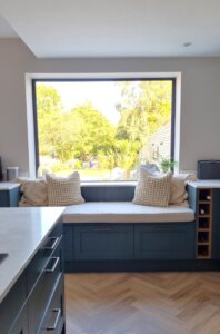 Viridian and Light Grey Kitchen with white quartz worktops