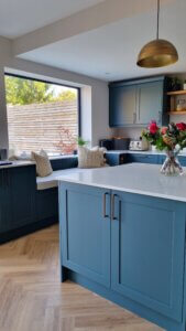 Light Blue Kitchen with white quartz worktops