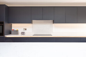 Indigo Kitchen with Quartz and Oak Worktops