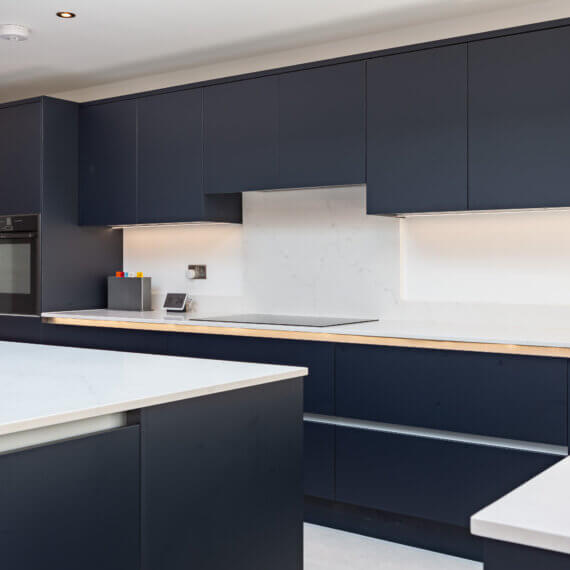 Indigo Kitchen with Quartz and Oak Worktops